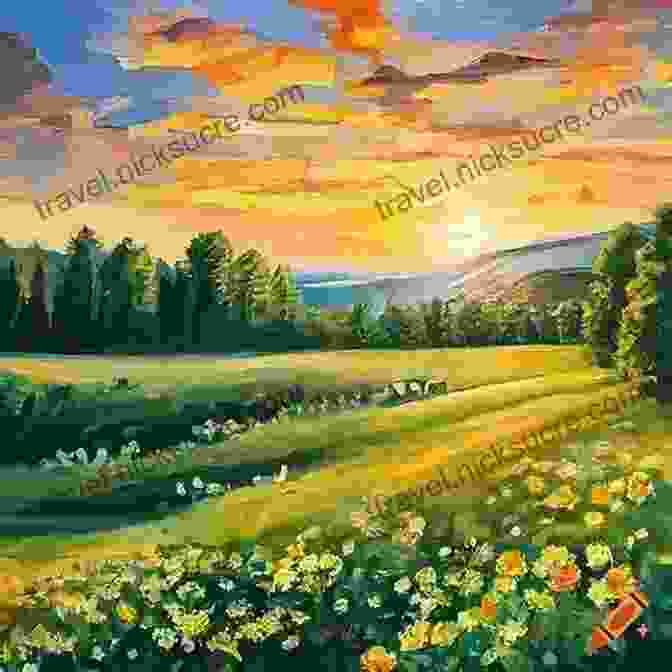 A Panoramic Landscape Painting Depicting A Vast Meadow Bathed In Golden Sunlight, Conveying A Sense Of Tranquility And Awe Chasing Rainbows Bea Ellemcy